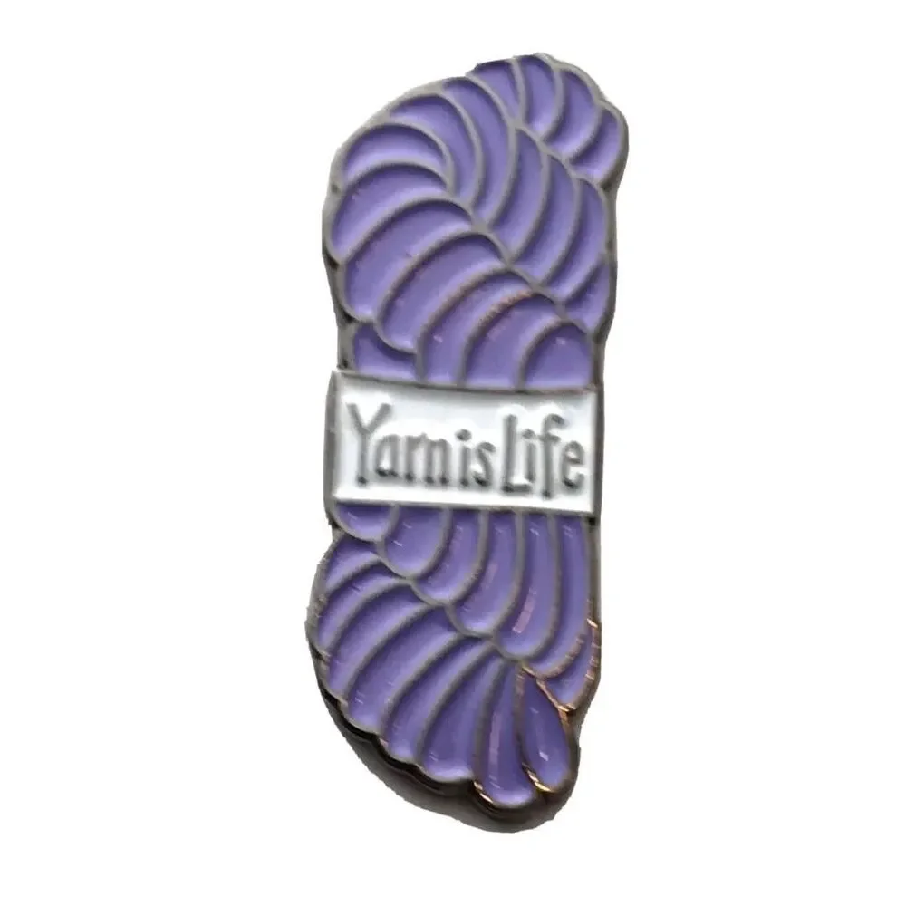 Yarn is Life Pin Brooch Purple Gold Tone Enamel Crochet Crafts Knit